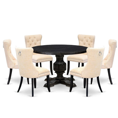 7-Piece Kitchen Set Of A Wood Table, 6 Light Beige Linen Fabric Dinner Chairs