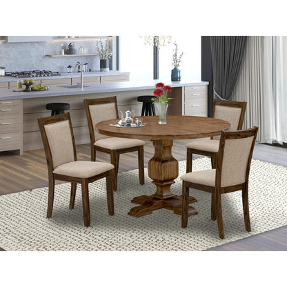 East West Furniture 5-Pc Dinner Table Set - Round Kitchen Table and 4 Light Tan Color Parson Chairs with High Back - Antique Walnut Finish