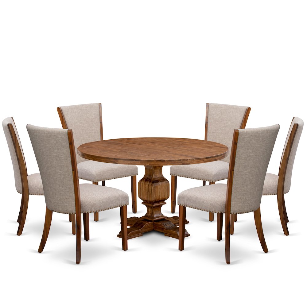 7 Piece Dining Set Consists Of 54" Round Kitchen Table In Light Tan Color
