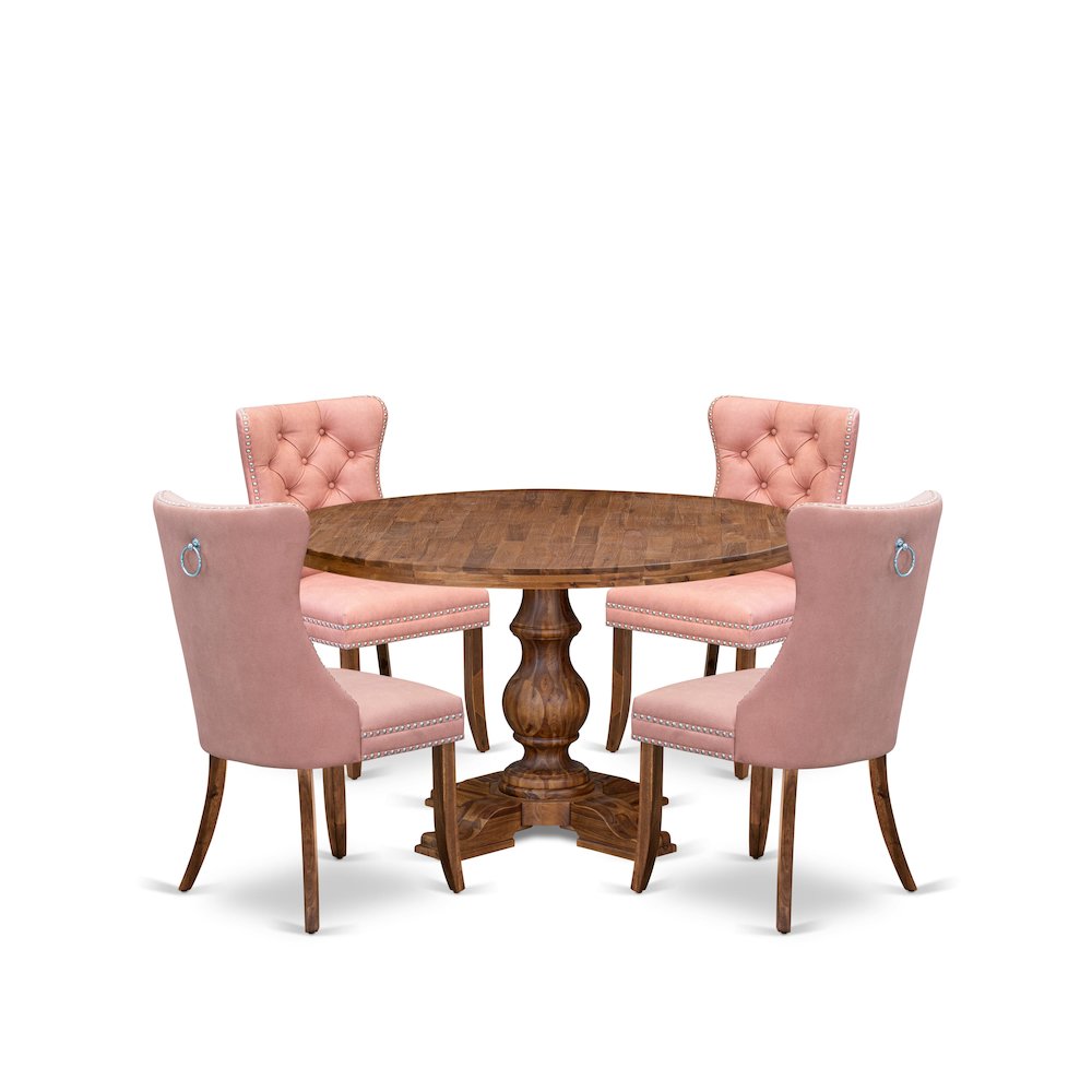 5-Pc Modern Dining Table Set Contain A Wooden Table, 4 Beige Red Padded Chairs