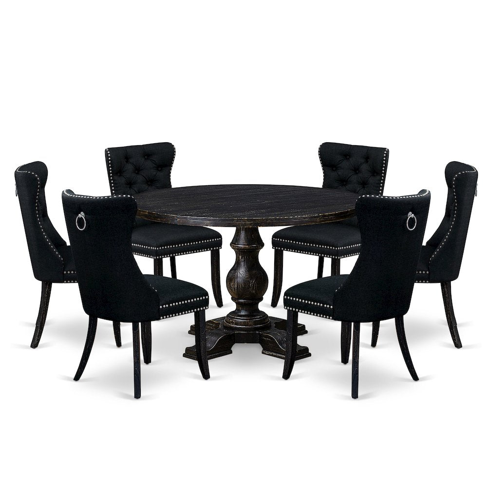 7-Piece Dining Table Set Of A Wood Table, 6 Black Linen Fabric Dining Chairs