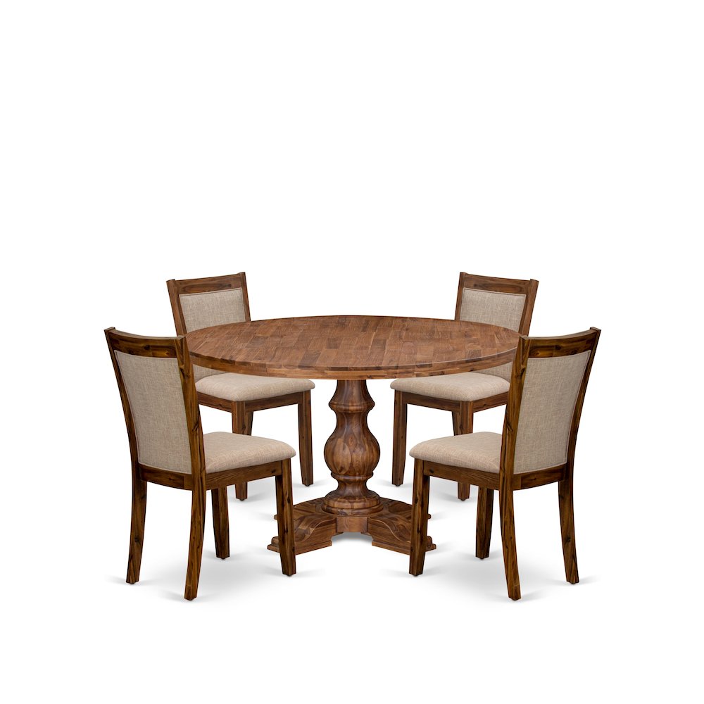 5-Pc Mid-Century Kitchen Set A Pedestal Table, 4 Light Tan Fabric Kitchen Chairs