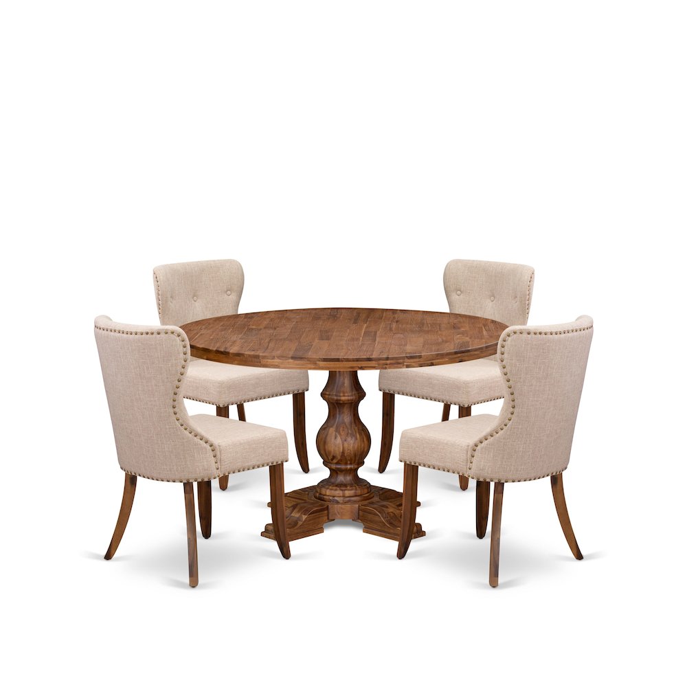 5-Pc Dining Set Of A Pedestal Kitchen Table, 4 Light Tan Fabric Dining Chairs