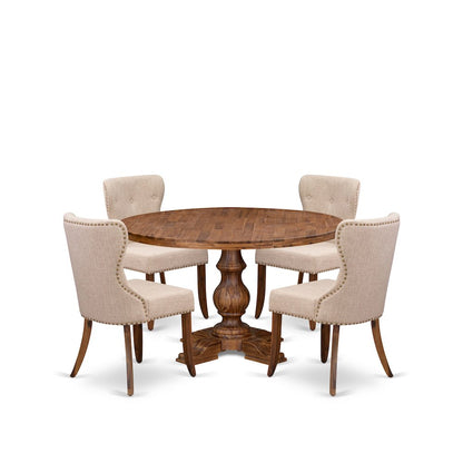 5-Pc Dining Set Of A Pedestal Kitchen Table, 4 Light Tan Fabric Dining Chairs