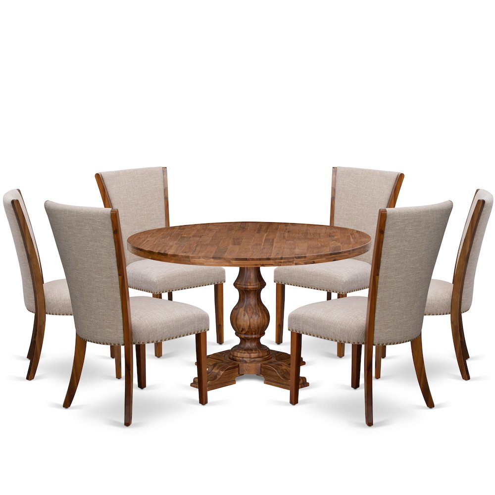 7 Piece Dining Set Includes 54" Round Table In Light Tan Color