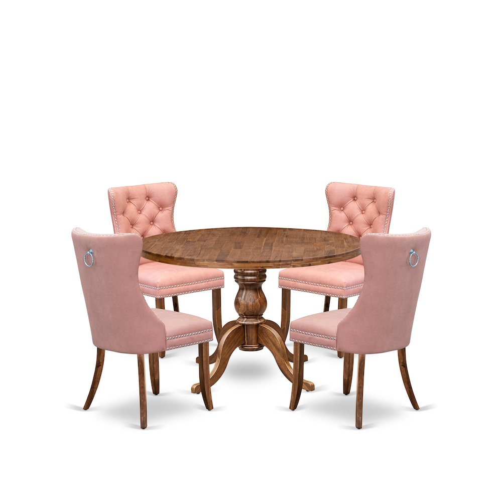 5-Pc Mid Century Dining Set Consist A Wood Table And 4 Beige Red Padded Chairs