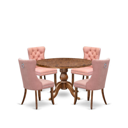 5-Pc Mid Century Dining Set Consist A Wood Table And 4 Beige Red Padded Chairs