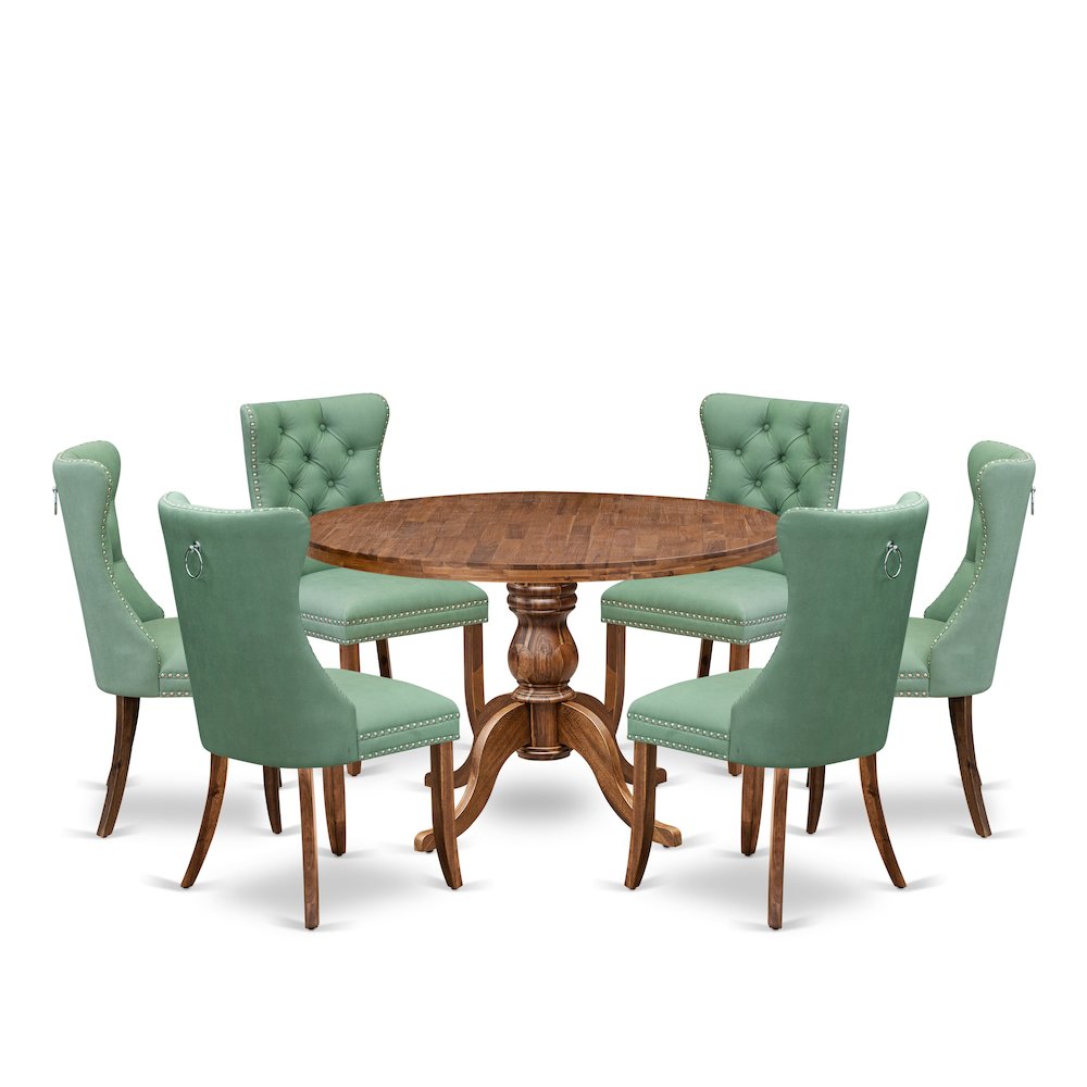 7-Pc Dining Set Contain A Mid Century Table, 6 Willow Green Upholstered Chairs