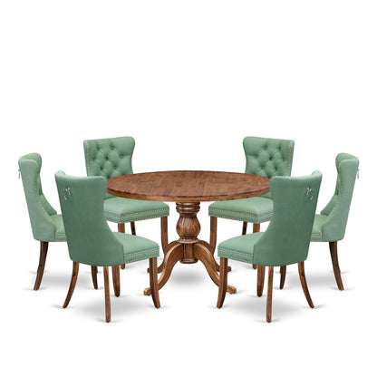7-Pc Dining Set Contain A Mid Century Table, 6 Willow Green Upholstered Chairs