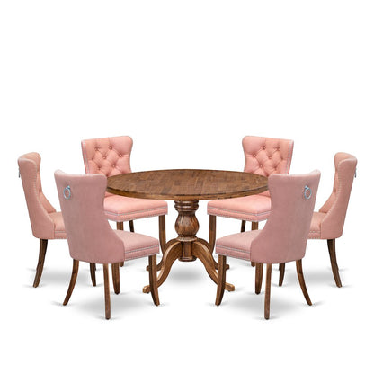 7-Pc Mid Century Dining Set Contain A Table And 6 Beige Red Upholstered Chairs