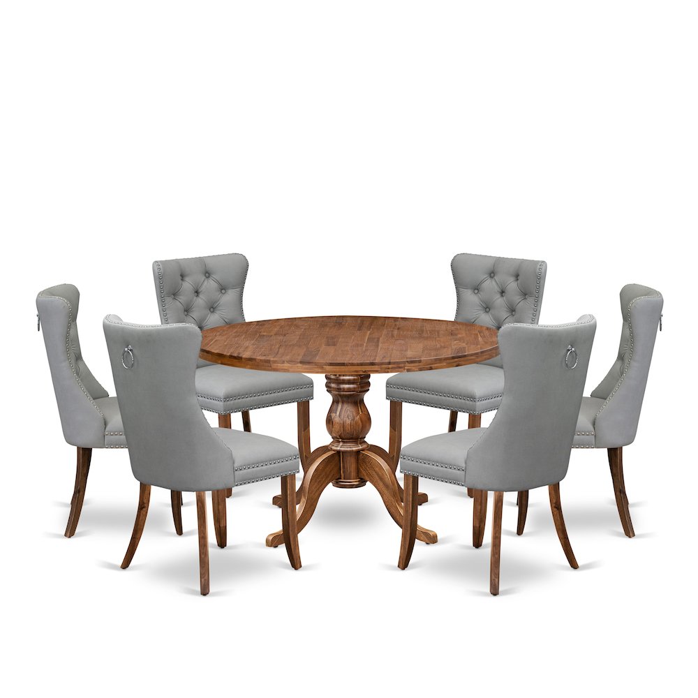 7-Pc Dining Set Contain A Mid Century Dining Table And 6 Light Gray Chairs