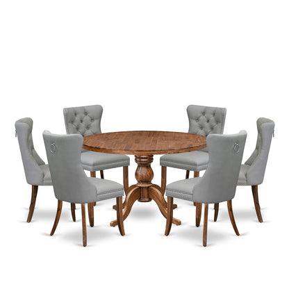 7-Pc Dining Set Contain A Mid Century Dining Table And 6 Light Gray Chairs