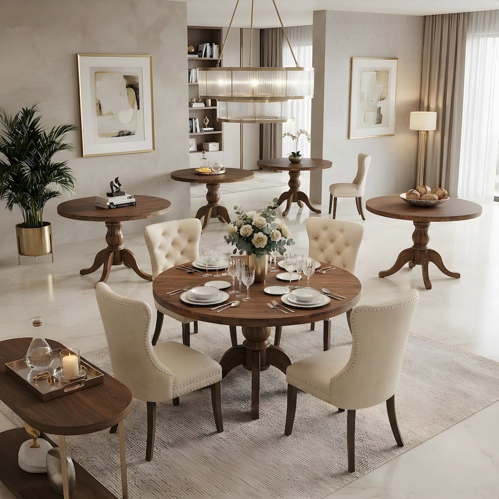 Polyester Solid Wood Round Kitchen Table and Chairs 7 Piece Set, Light Beige