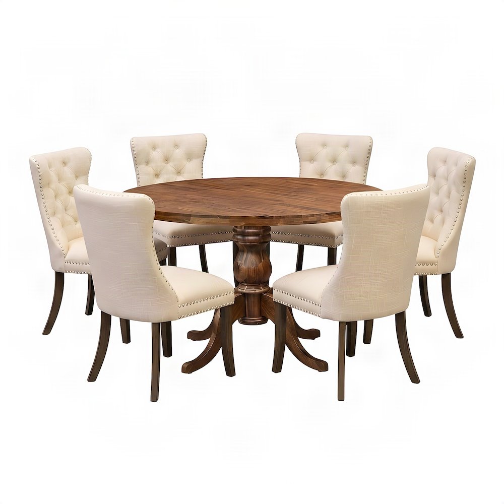 Polyester Solid Wood Round Kitchen Table and Chairs 7 Piece Set, Light Beige