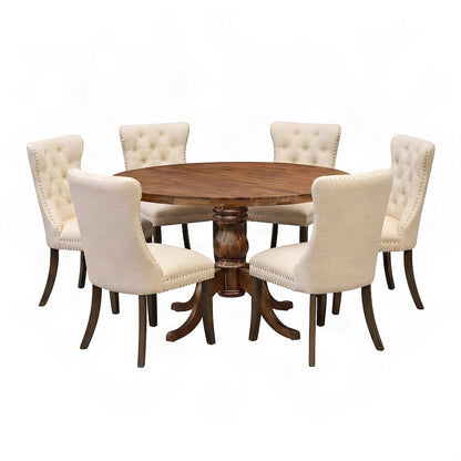 Polyester Solid Wood Round Kitchen Table and Chairs 7 Piece Set, Light Beige