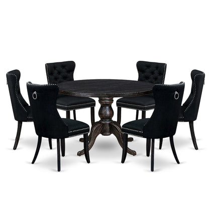 7-Piece Dining A Dinning Table And 6 Black Linen Fabric Dining Chair
