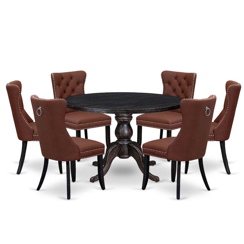 7 Piece Dining Table Set Consists Of 48" Round Table In Burgandy Color