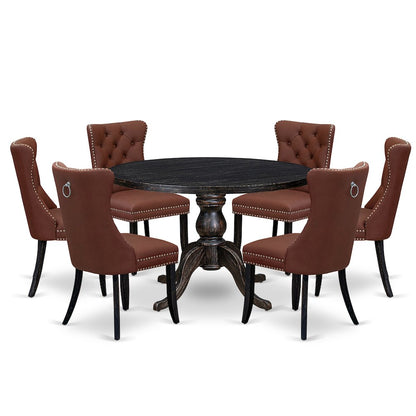 7 Piece Dining Table Set Consists Of 48" Round Table In Burgandy Color