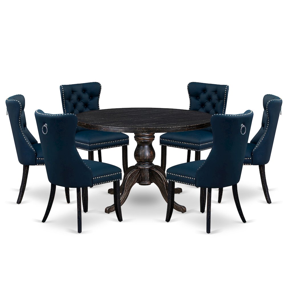 7 Piece Dining Table Set Consists Of 48" Round Table In Navy Blue Color