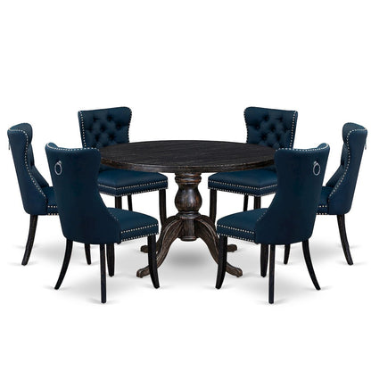 7 Piece Dining Table Set Consists Of 48" Round Table In Navy Blue Color