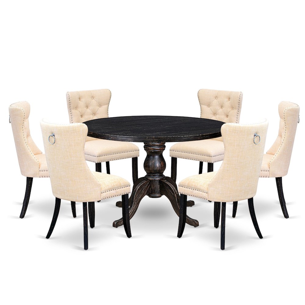7-Pc Dining Set A Wood Table, 6 Light Beige Linen Fabric Upholstered Chairs