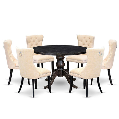 7-Pc Dining Set A Wood Table, 6 Light Beige Linen Fabric Upholstered Chairs
