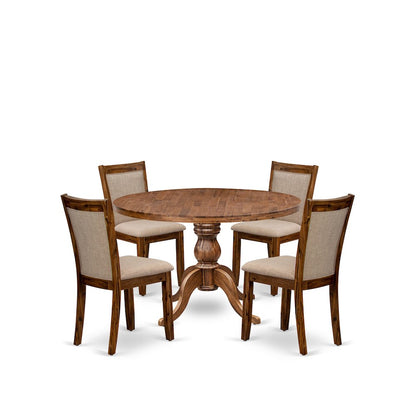 5-Pc Kitchen Table Set A Pedestal Wooden Table, 4 Light Tan Fabric Dining Chairs