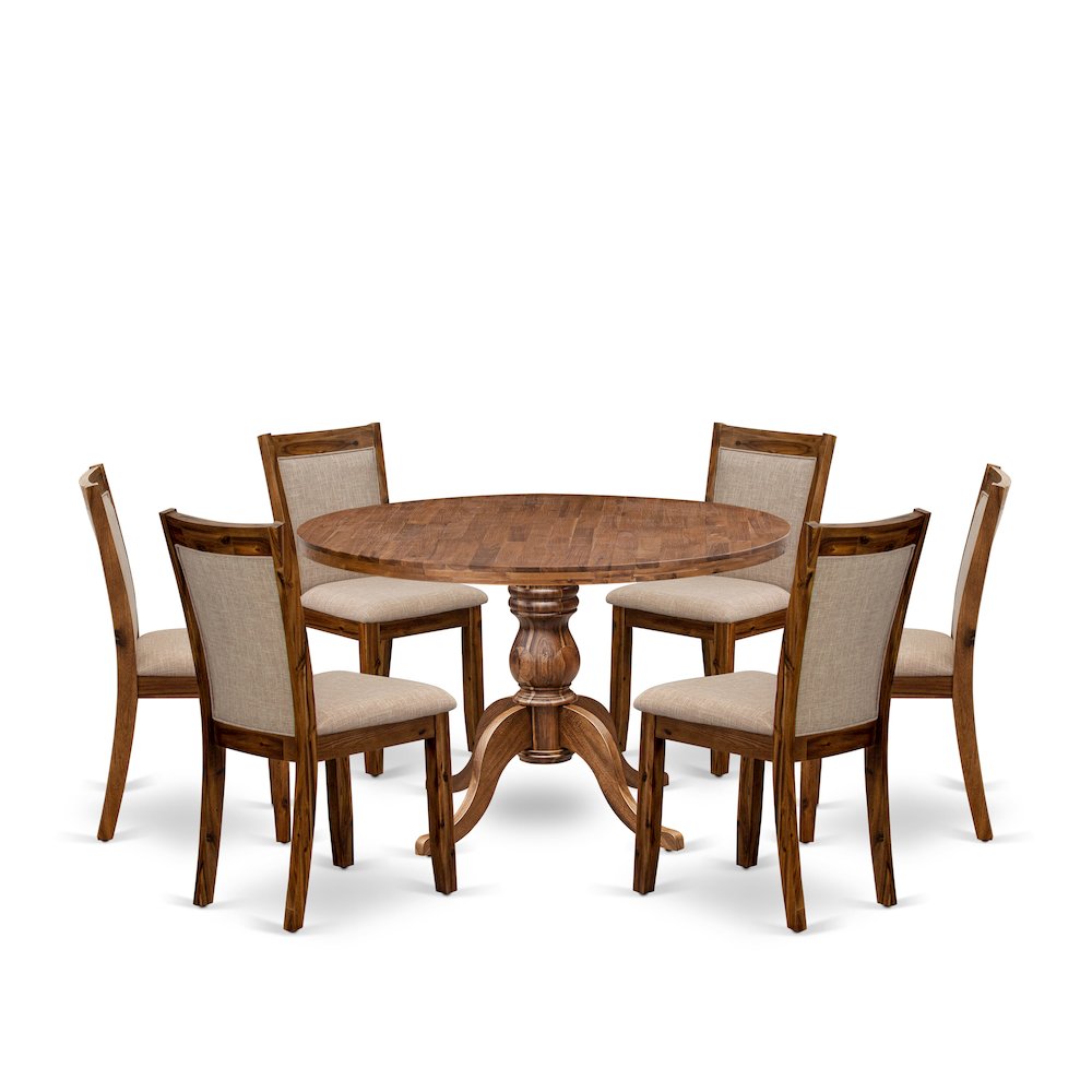 7-Pc Dining Set Of A Pedestal Round Table, 6 Light Tan Fabric Dining Chairs