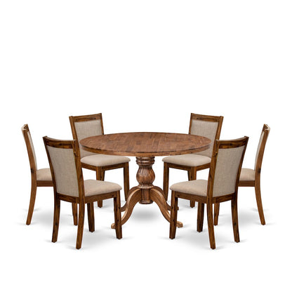 7-Pc Dining Set Of A Pedestal Round Table, 6 Light Tan Fabric Dining Chairs