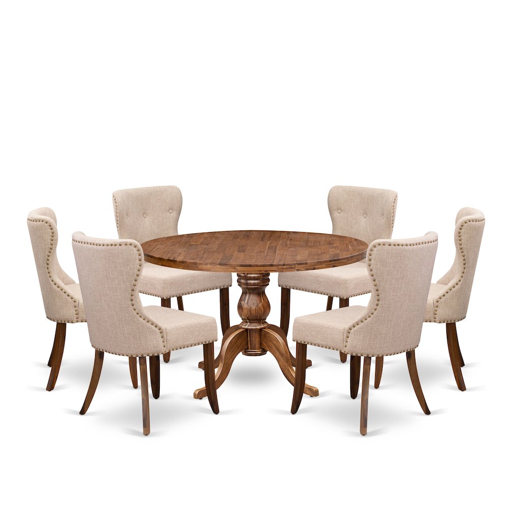 7 Piece Kitchen Table Set Contains 48" Round Table In Light Tan Color