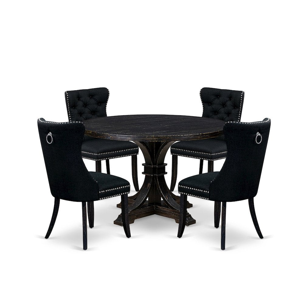 5-Pc Dining Room Set Of A Dinner Table, 4 Black Linen Fabric Kitchen Chair