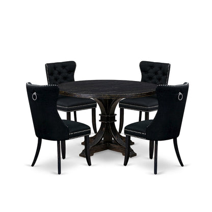 5-Pc Dining Room Set Of A Dinner Table, 4 Black Linen Fabric Kitchen Chair