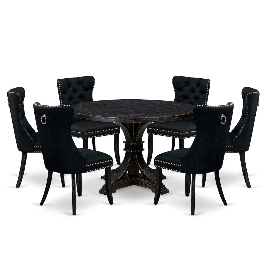 7-Piece Dining Table Set A Wood Table, 6 Black Linen Fabric Upholstered Chairs