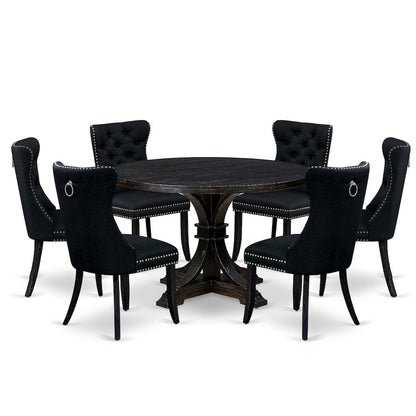 7-Piece Dining Table Set A Wood Table, 6 Black Linen Fabric Upholstered Chairs
