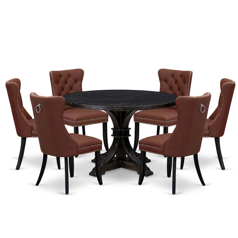 7 Piece Dining Table Set Includes 48" Round Table In Burgandy Color