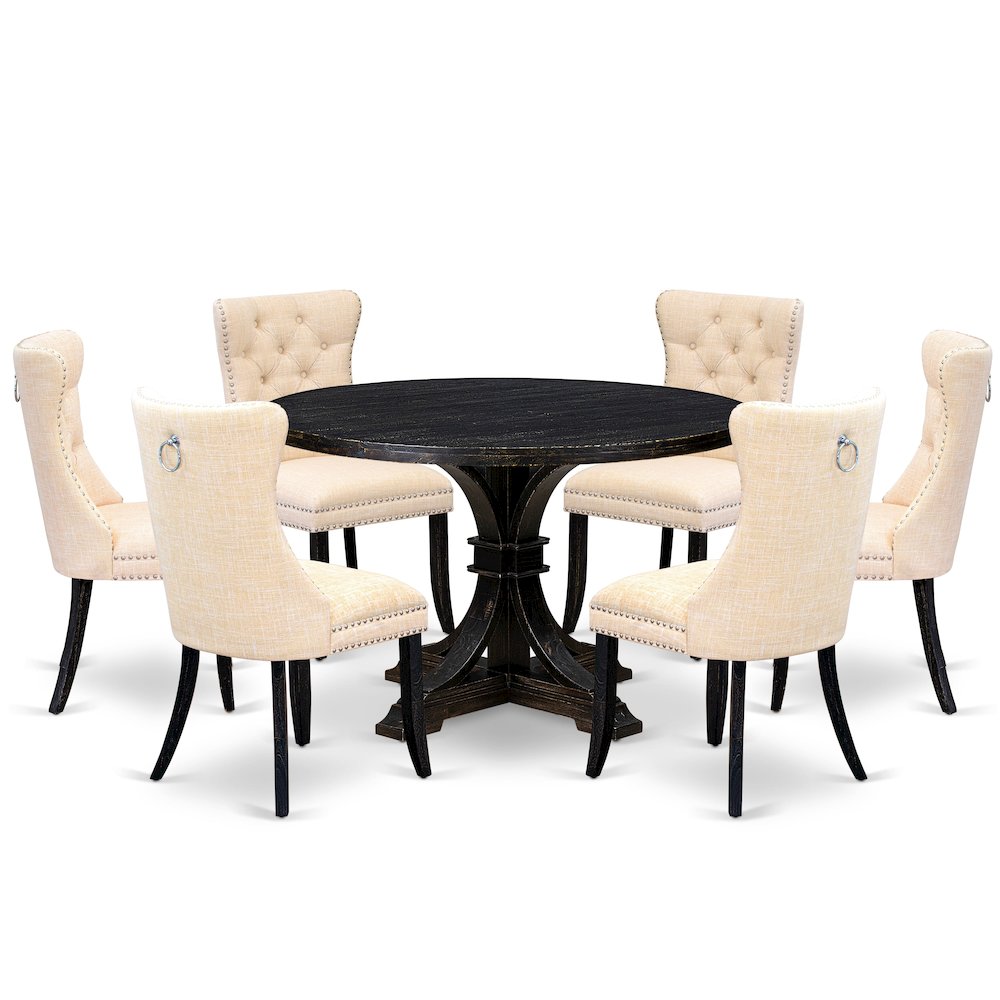 7-Pc Dining Set Of A Kitchen Table, 6 Light Beige Linen Fabric Modern Chair
