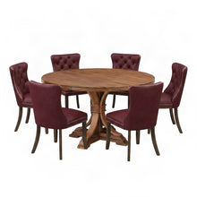 Solid Wood Round Dining Table with 6 Upholstered Chairs, 7 Piece Set, Burgundy