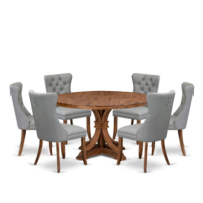 7-Pc Mid Century Dining Set Contain A Room Table And 6 Light Gray Parson Chairs