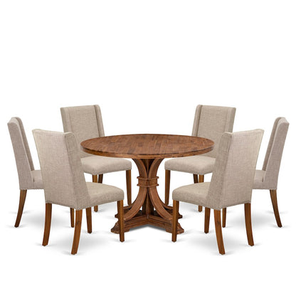 7-Piece Dining Room Set A Dinning Table, 6 Light Tan Linen Fabric Dining Chairs