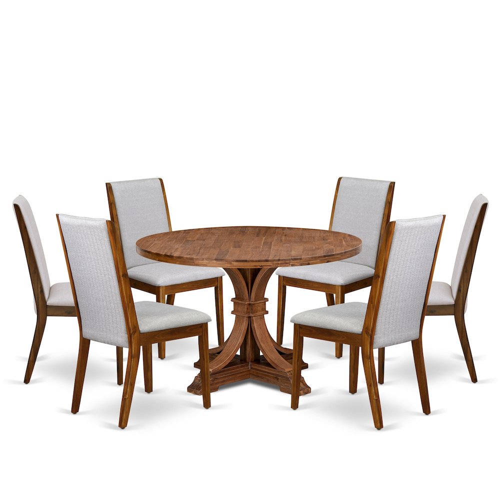 7-Pc Dining Room Set Of A Pedestal Kitchen Table, 6 Grey Fabric Dinner Chairs