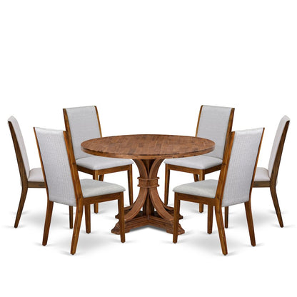 7-Pc Dining Room Set Of A Pedestal Kitchen Table, 6 Grey Fabric Dinner Chairs
