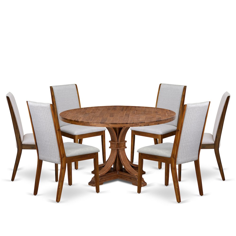 7-Pc Mid-Century Kitchen Set Of A Pedestal Table, 6 Grey Fabric Kitchen Chairs