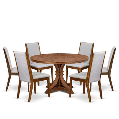 7-Pc Mid-Century Kitchen Set Of A Pedestal Table, 6 Grey Fabric Kitchen Chairs