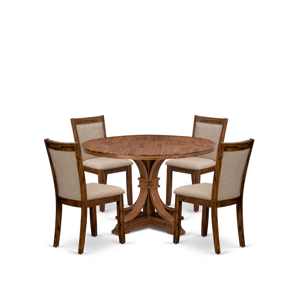 5-Pc Kitchen Set A Pedestal Dining Table, 4 Light Tan Linen Fabric Padded Chairs