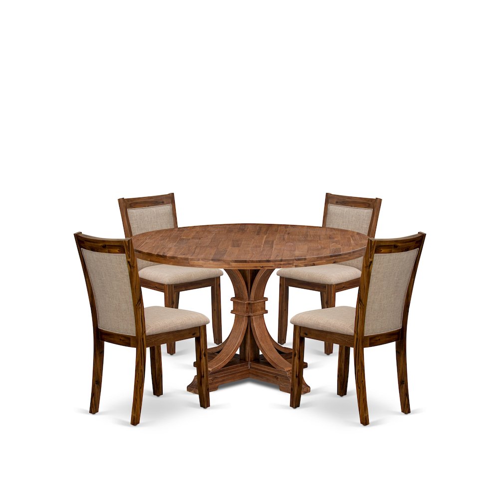 5-Pc Dining Room Set A Pedestal Round Table, 4 Light Tan Fabric Padded Chairs
