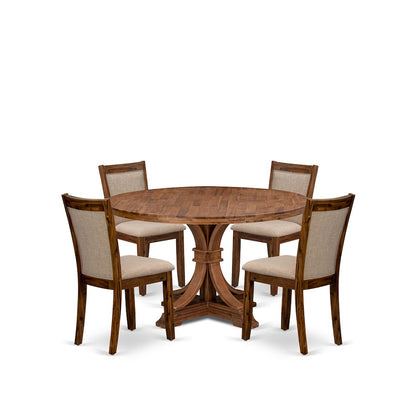 5-Pc Dining Room Set A Pedestal Round Table, 4 Light Tan Fabric Padded Chairs