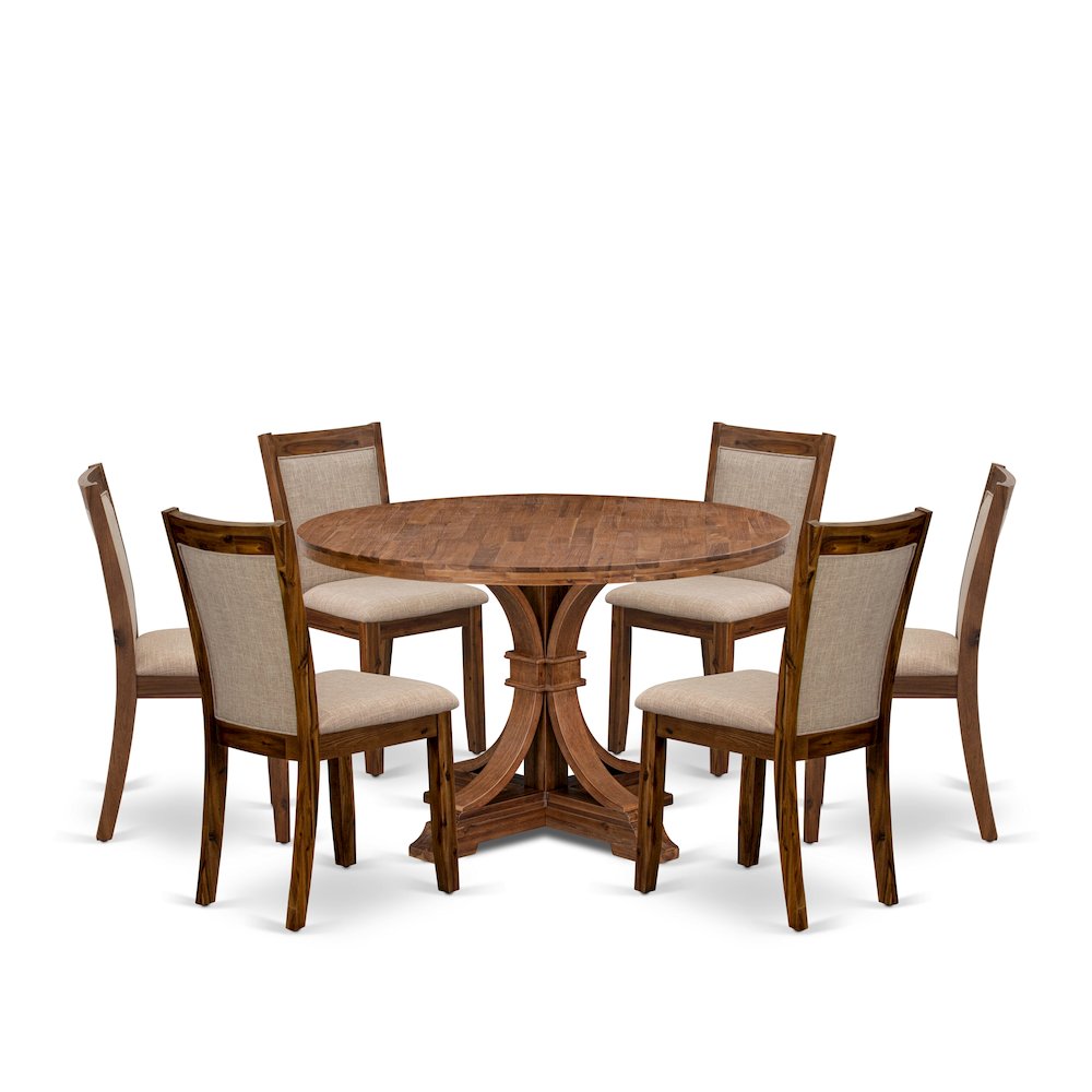 7-Pc Dining Room Set Of A Pedestal Dining Table, 6 Light Tan Parson Chairs