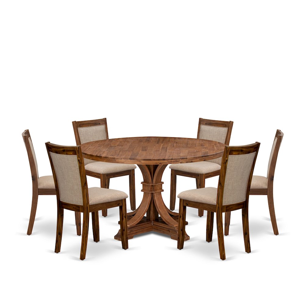 7-Pc Dining Set Of A Pedestal Dining Table, 6 Light Tan Fabric Dining Chairs