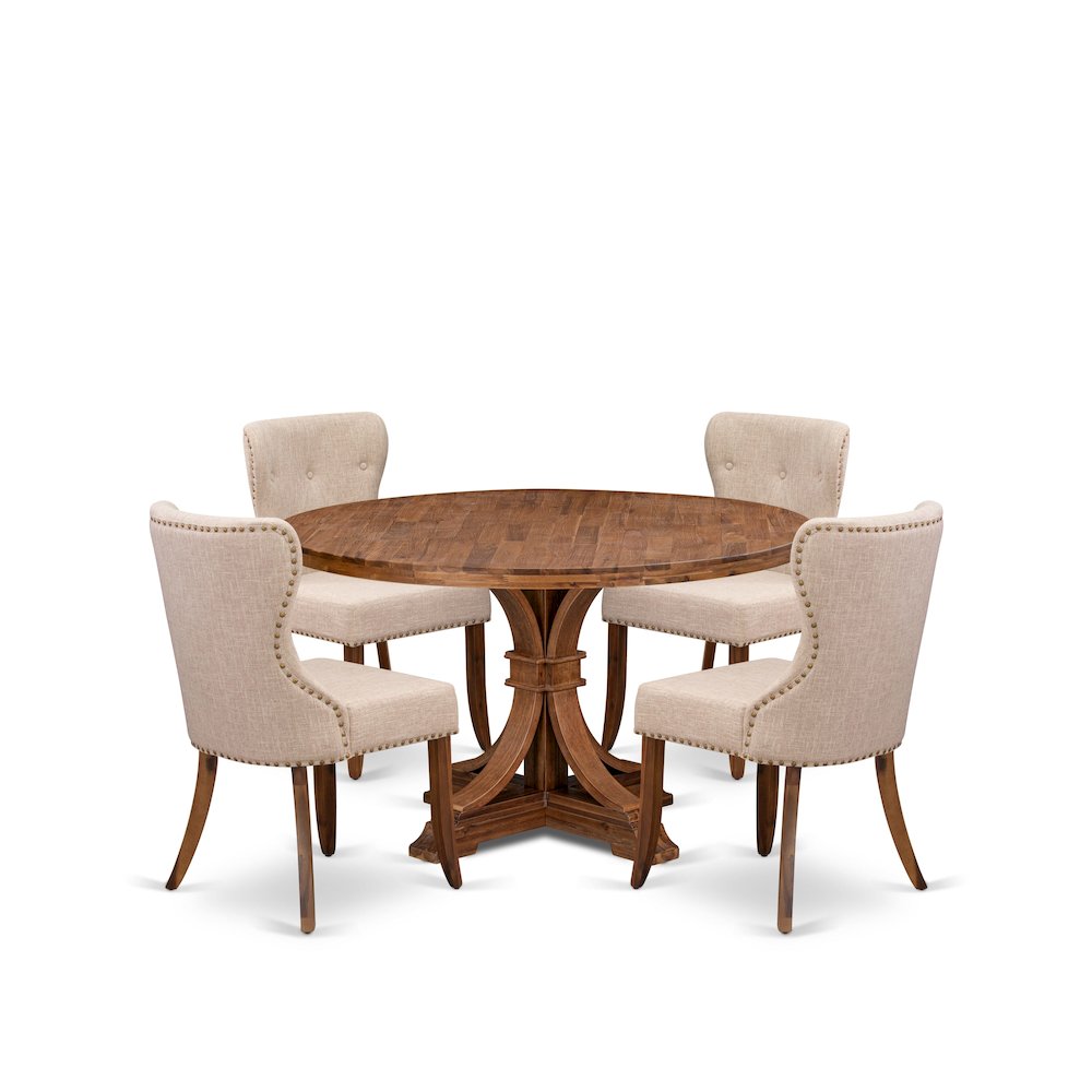 5-Pc Dining Set Of A Pedestal Kitchen Table, 4 Light Tan Fabric Kitchen Chairs