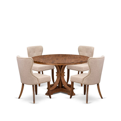 5-Pc Dining Set Of A Pedestal Kitchen Table, 4 Light Tan Fabric Kitchen Chairs